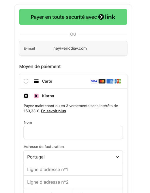 S&eacute;lection de Klarna comme moyen de paiement, avec les champs nom et adresse