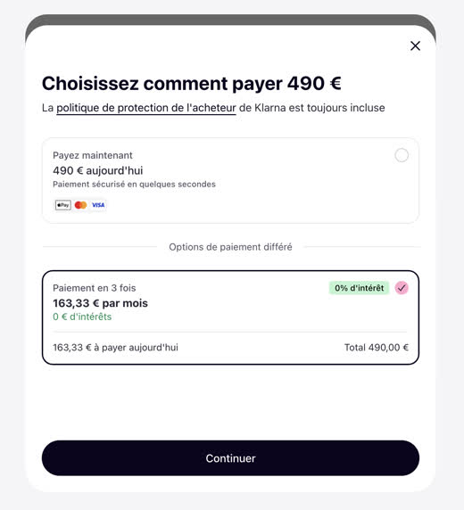 Fen&ecirc;tre Klarna proposant le paiement en 3 fois &agrave; 163,33 &euro; par mois sans int&eacute;r&ecirc;t