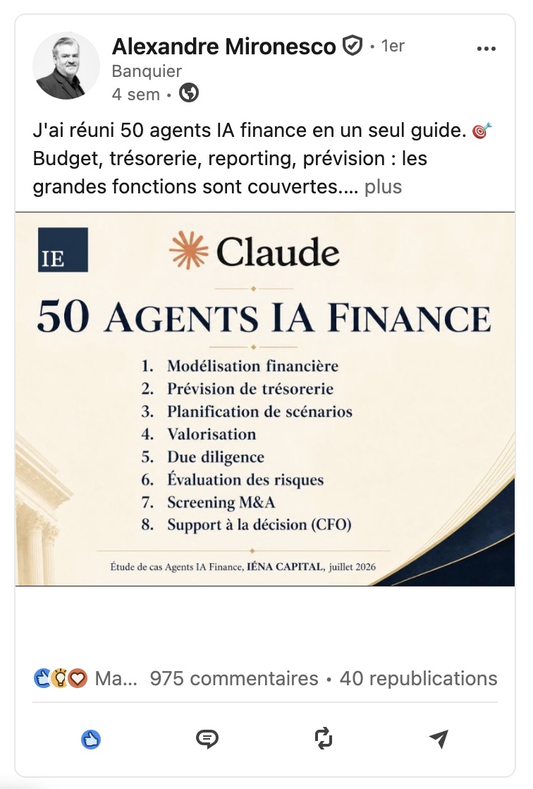 Post LinkedIn d'Alexandre Mironesco, banquier — 975 commentaires, 40 republications